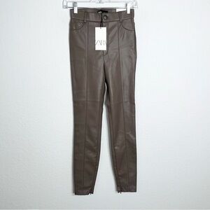 Zara Faux Leather Leggings Pants Women’s XS Taupe Brown Tan High Rise Zip Ankle